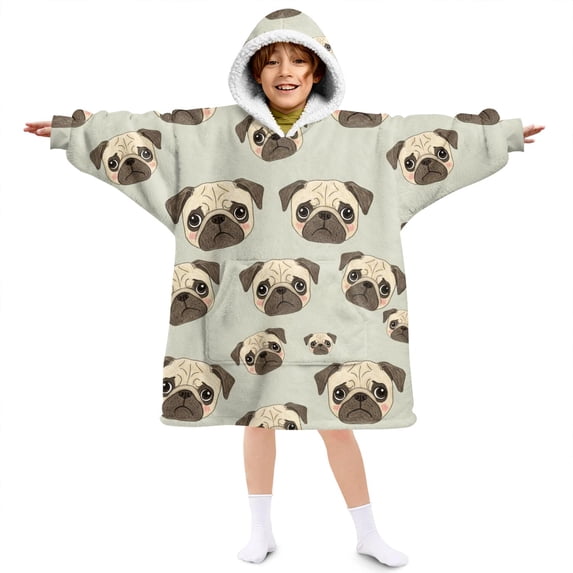 Pug Head Beige Pattern Lamb Fleece Blanket Hoodies for Teens ,Teens Oversize Sherpa Wearable Hooded Blanket Sweatshirt with Super Pockets