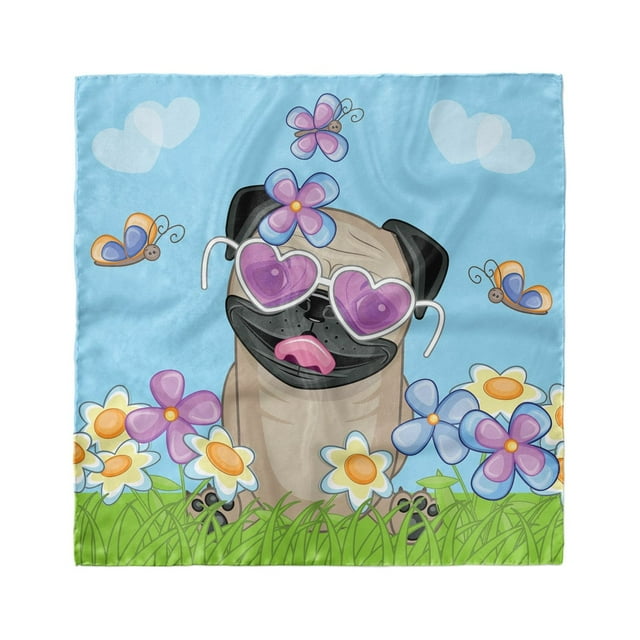 Pug Head Scarf, Puppy on the Field Flowers, Head Wrap, 3 Sizes, by Ambesonne