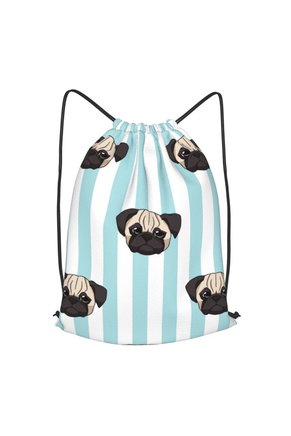 Pug Heads Cute Dogs Striped Drawstring Backpack Gym String Bag Sports Sackpack Cinch Sack, Large