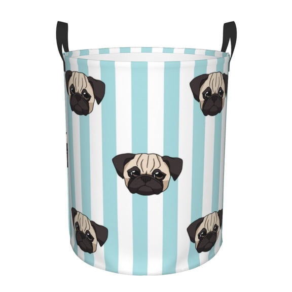 Pug Heads Cute Dogs Striped Foldable Laundry Hamper with Handle Storage Basket for Clothes Toys & Organizing