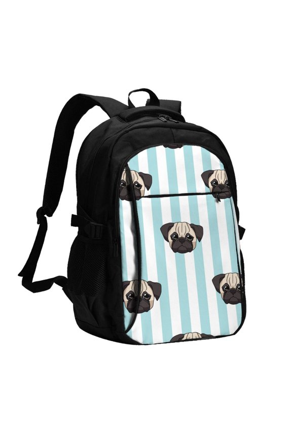 Pug Heads Cute Dogs Striped Laptop Backpack with USB Charging Headphone Port Casual Daypack Bag College Business Travel