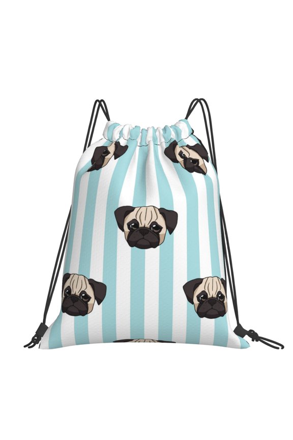 Pug Heads Cute Dogs Striped Large Drawstring Backpack Casual Cinch Sack Bag Backpack for Sports Hiking Travel Gym