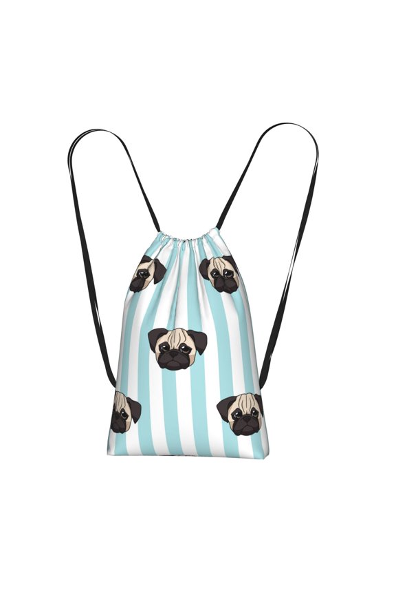 Pug Heads Cute Dogs Striped Packable Drawstring Backpack, Lightweight Foldable Cinch Storage Bag for Gym Travel Shopping