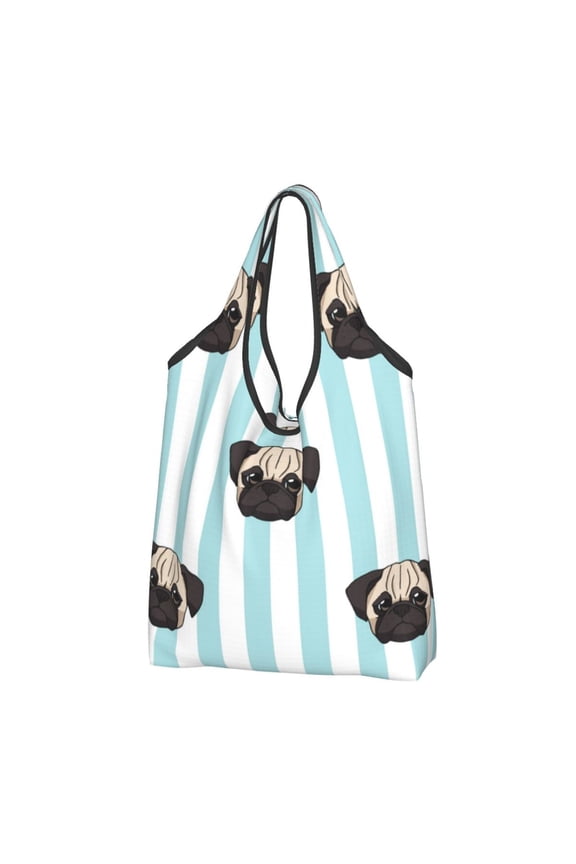 Pug Heads Cute Dogs Striped Reusable Grocery Bags Shopping Totes Foldable Washable Pouch Handbag Storage Bag