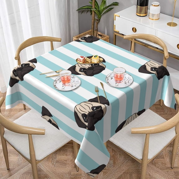 Pug Heads Cute Dogs Striped Square Tablecloth 60x60 Waterproof Table Cover for Dining Table, Parties, Weddings, Picnics, Cafes