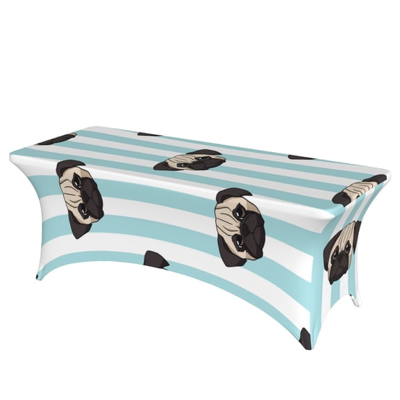 Pug Heads Cute Dogs Striped Stretch Rectangular Table Cover 6FT Elastic Fitted Tablecloth for Parties, Weddings, Banquets