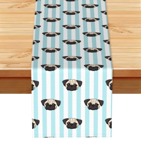 Pug Heads Cute Dogs Striped Table Runner 13x72 Inch for Dining Table Kitchen Wedding Party Decor Fireplace Mantle