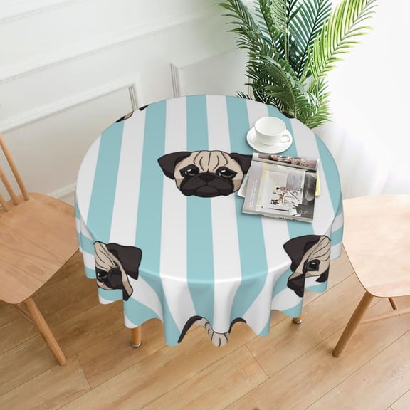 Pug Heads Cute Dogs Striped Tablecloths Round 60 inch Fabric Table Cloth Cover for Dining Kitchen Wedding Party