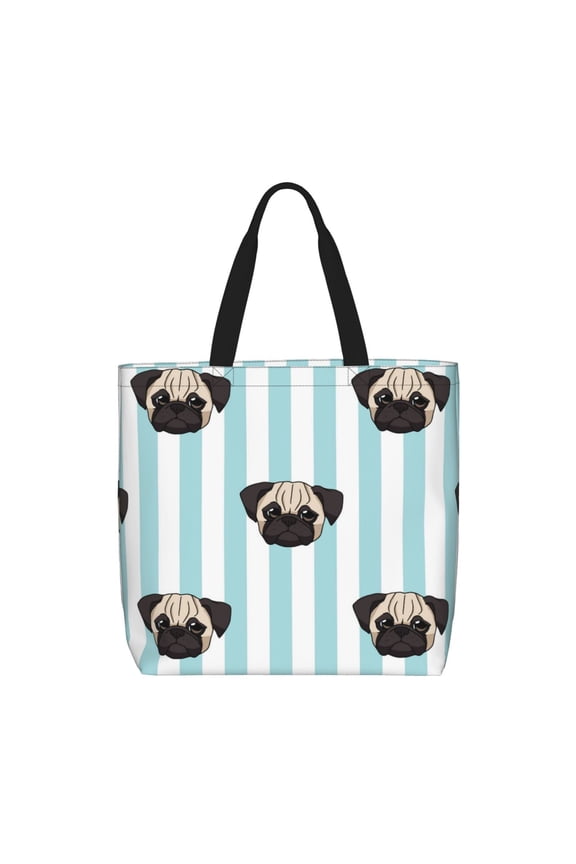 Pug Heads Cute Dogs Striped Tote Bag Reusable Shoulder Handbag Top Handle Purse for Shopping Work