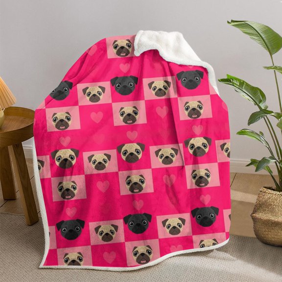 Pug and Heart Red Pattern Sherpa Fleece Throw Blanket,Soft Plush,Warm,All Season,Cozy Fuzzy Lamb Fleece Blanket for Sofa Bed Couch Living Room Chair,30"x40"