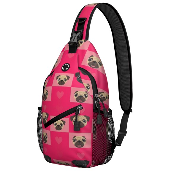 Pug and Heart Red Pattern Sling Backpack, Unisex Daily Travel Sling Pack with Side Mesh Pockets, Breathable Padded Back Gift Ideas for Hiking Cycling Walking