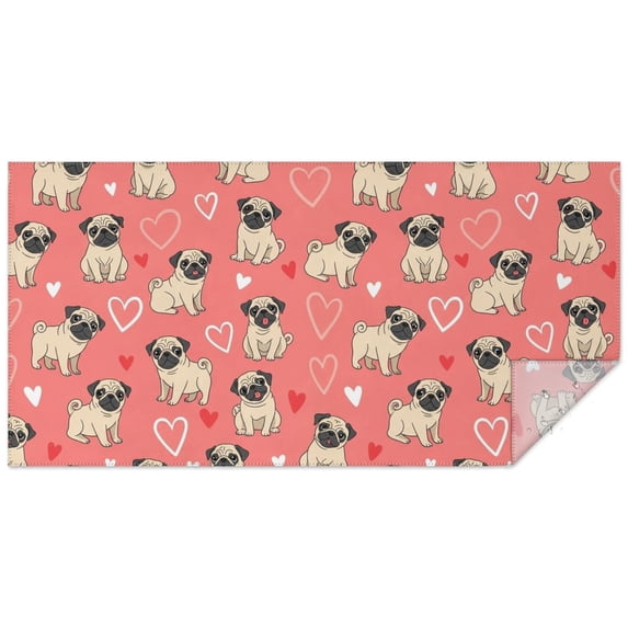 Pug and Hearts Pink Pattern Waterproof Tablecloth, Rectangular Fabric ...