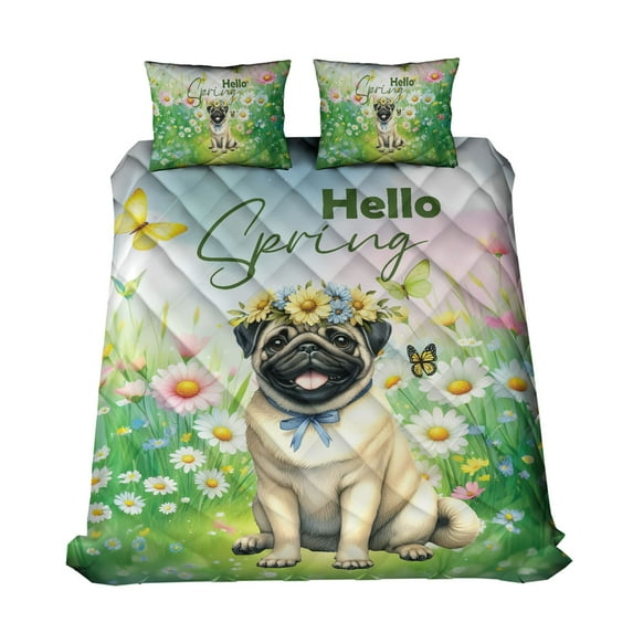 Pug Hello Spring Time Flower Floral Nature Quilt Bedding Set Dog Lover Gifts 1 Blanket Bed Cover 2 Pillowcases - 02031