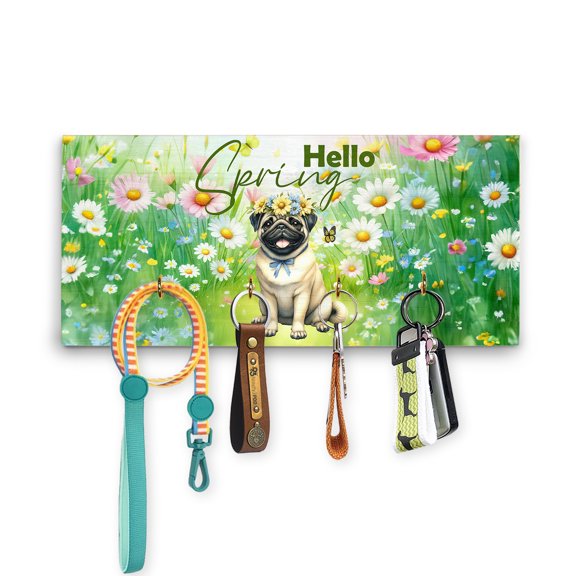 Pug Hello Spring Time Flower Floral Nature Wood Key Holder Dog Lover Gifts Wall-mounted Key Rack Home Decor - 02031