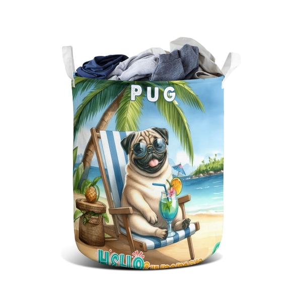 Pug Hello Summer Beach Theme with Sunglasses and Tropical Cocktail Foldable Laundry Basket Dog Lover Gifts Organizer Storage with Handles - 00009