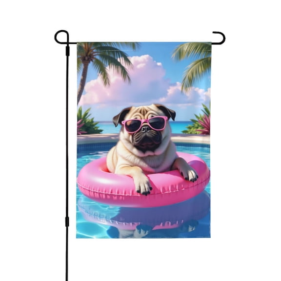 Pug In Sunglasses Pool Float Garden Flag 12x18 Inch Double Sided – Funny Summer Vacation Dog Yard Decoration For Lawn, Patio & Porch