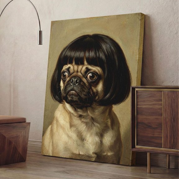 Pug In Wig Print Victorian Dog Portrait Wall Art Quirky Eclectic Pet Decoration, Unframed Paper Poster 8x10in