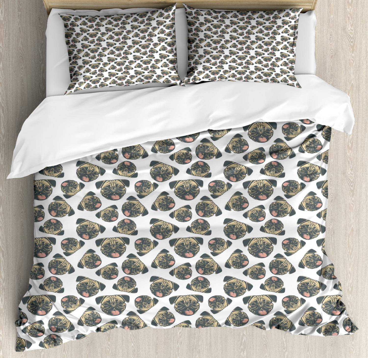Pug King Size Duvet Cover Set, Cheerful Playful Animals Dog Heads with Tongues Out and Grunge Effect, Decorative 3 Piece Bedding Set with 2 Pillow Shams, Beige Charcoal Grey Coral, by Ambesonne