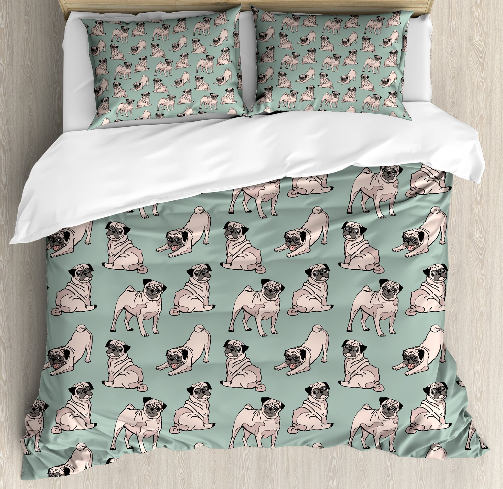 Pug Cartoon Style King Duvet Cover Set with Pillow Shams