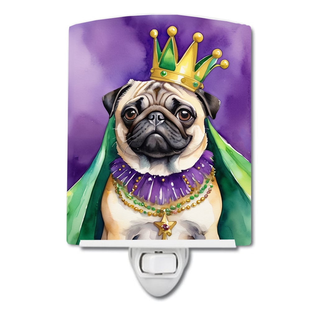 Pug King of Mardi Gras Ceramic Night Light 4 in x 6 in