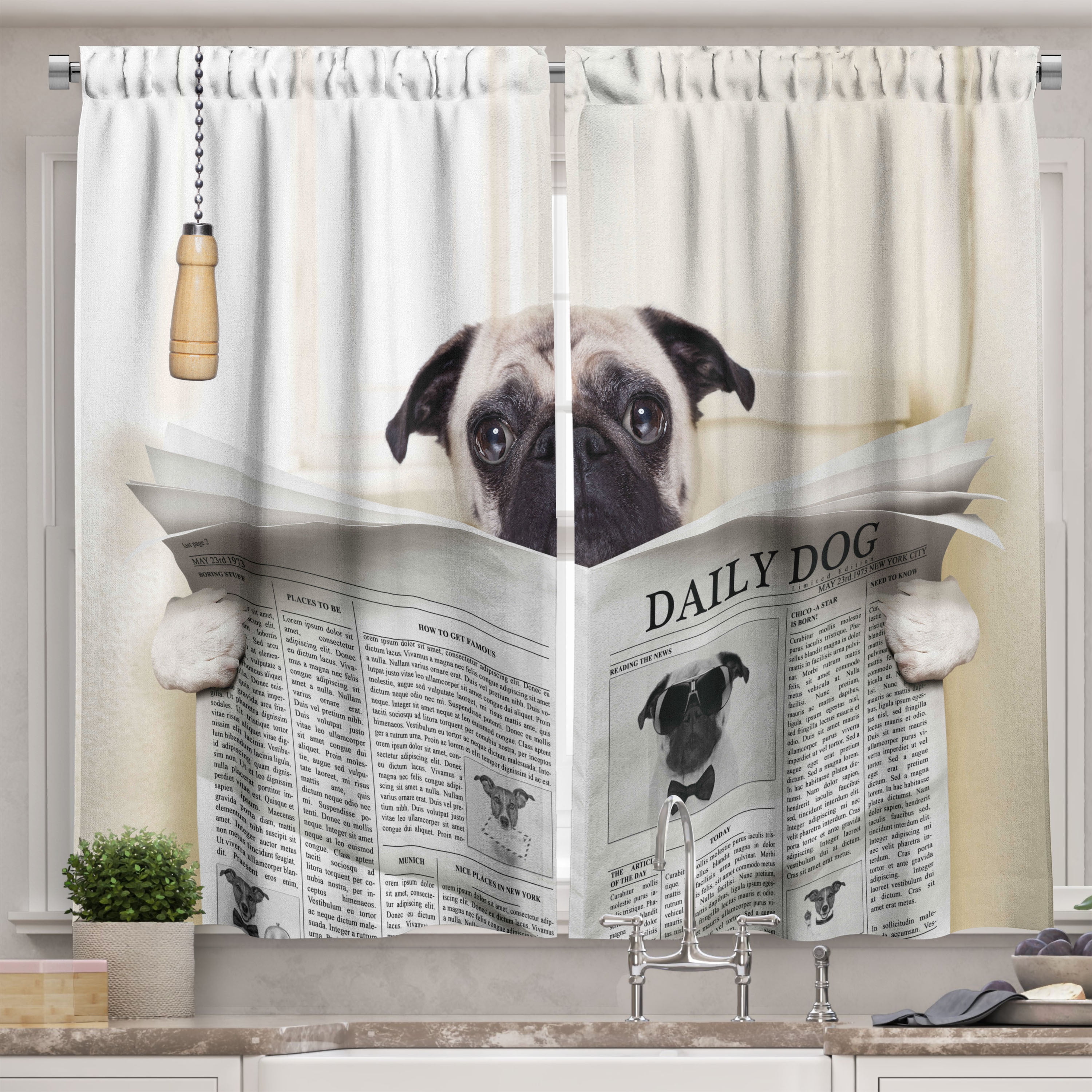 Pug Kitchen Curtains, Puppy Reading the Newspaper on the Toilet