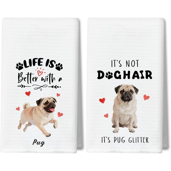 Pug Kitchen Towels Decorative Set of 2, Funny Tea Towel Hand Towels Highly Absorbent Soft Dish Cloths 18x26 Inches, Bathroom Dining Room Decor, Pug Gifts for Dog Lovers