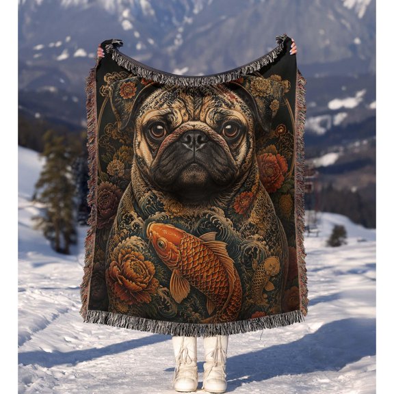 Pug, Koi Fish, Flowers and Waves in Black, Tan and Orange Woven Blanket, 100% Cotton, Living Room Accent