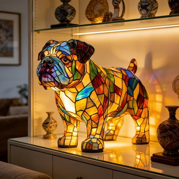 Pug Lamp, Pug Lamp Stained Glass, Dog Series Art Night Light, Cute Pet Dog Themed Led with Warm Ambient Glow
