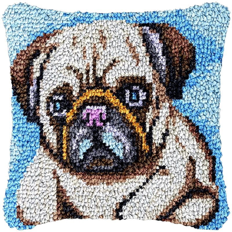 Pug Latch Hook Pillow Cover Kits for DIY Handmade Throw Pillow Cross Stitch Latch Hook Pillowcase Rug Cushion Kits with Preprinted Canvas Crochet Yarn Kits Needlework 17'' X 17''