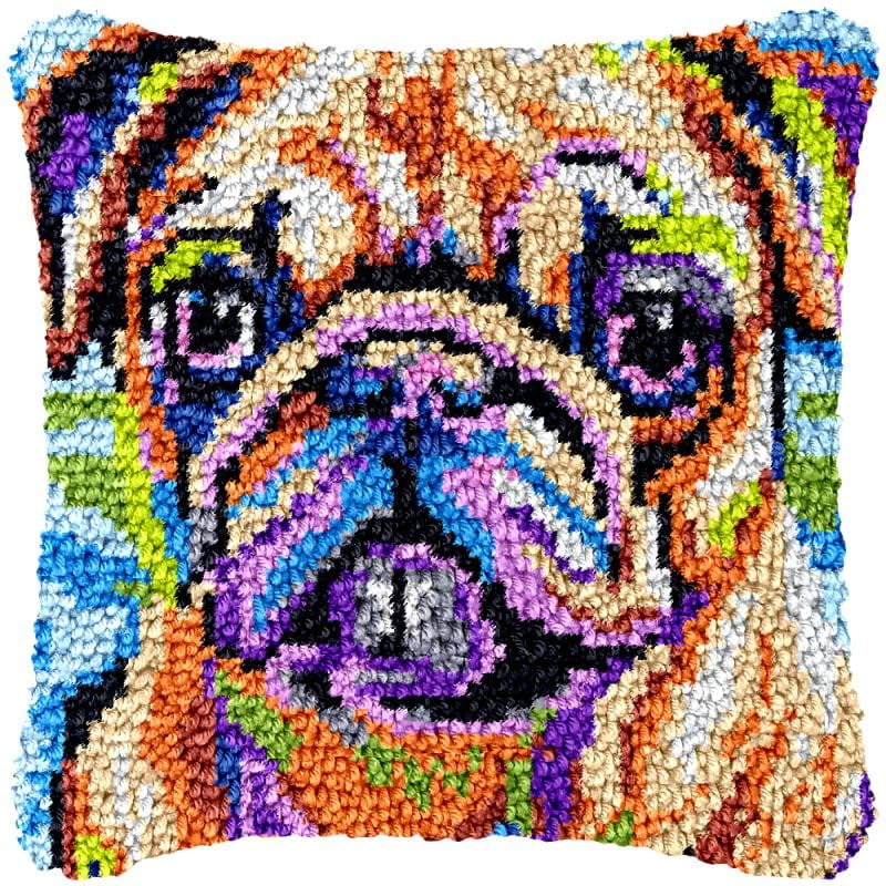 Pug Latch Hook Pillow Cover Kits for DIY Handmade Throw Pillow Cross Stitch Latch Hook Pillowcase Rug Kits with Preprinted Color Pattern Canvas Crochet Yarn Kits 17''X 17''(fv38)