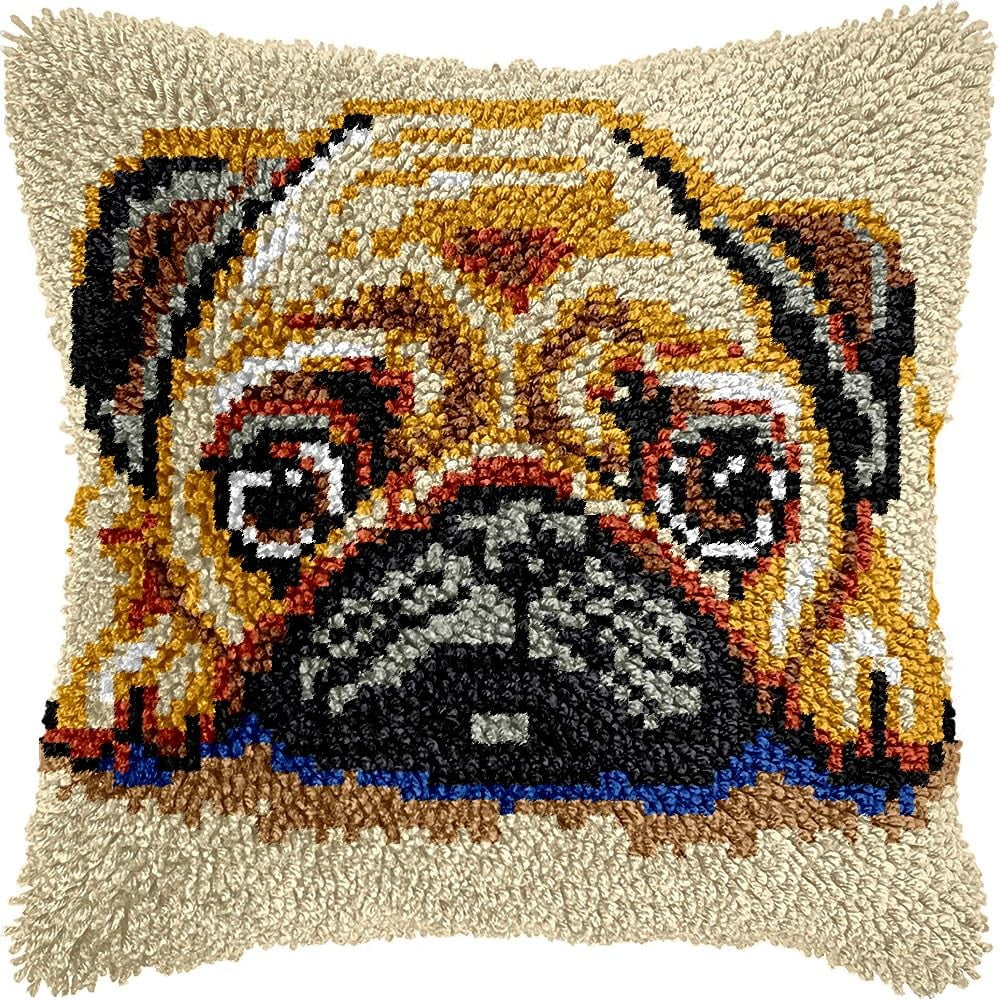 Pug Latch Hook Pillow Kits for DIY Handmade Throw Pillow Cushion Embroidery Latch Hooking Pillowcase Kits with Preprinted Canvas Crochet Yarn Kits 17''X 17''(g3)