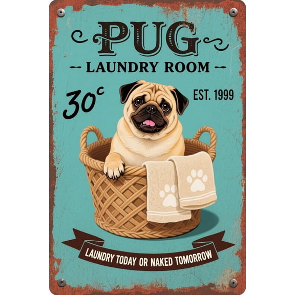 Pug Laundry Room Vintage Wall Art Retro Metal Tin Sign 8x12 Inch for Home Bedroom Pub Cafe Club Decor