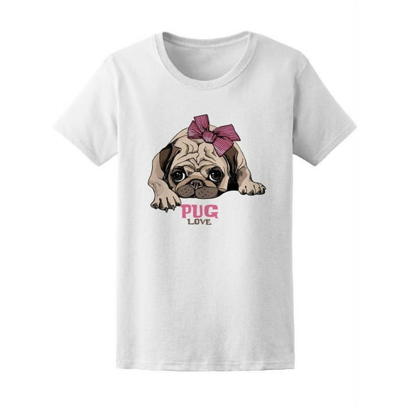 Pug Love Cute Pink Ribbon T-Shirt Women -Image by Shutterstock, Female x-Large