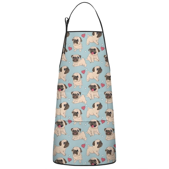 Pug and Love Heart Apron-Garden Aprons for Women with Pockets-Cotton Linen Waterproof Kitchen Cooking Gardening Aprons Adjustable for Kitchen,Cooking,BBQ and Salon 33x27 Inch