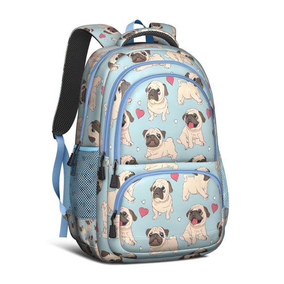 Pug and Love Heart Backpack for School,Cute School Bag,Schoolbag with Adjustable Shoulder Straps & Padded Back,16.9 Inch