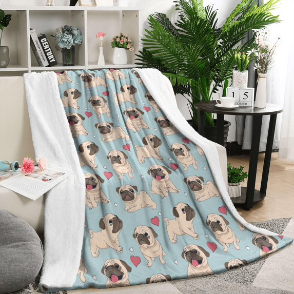 Pug and Love Heart Blanket,Comfortable Soft Flannel Throw Blanket,All Season,Warm Lightweight Blankets for Sofa Bed Couch Living Room Chair,50"x60"(130x150cm)