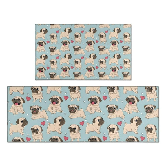 Pug and Love Heart Kitchen Rugs Sets Of 2,Anti Fatigue Kitchen Mat Rugs Non Slip Washable,Decorative Kitchen Floor Mats for Kitchen,Sink,Laundry,17"x30"+17"x47"