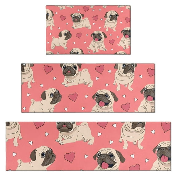 Pug and Love Heart Kitchen Rugs Sets Of 3,Kitchen Runner Rugs Non Skid Washable,Decorative Kitchen Floor Mats for Kitchen,Sink,Laundry,17"x30"+ 17"x47" + 17"x59"