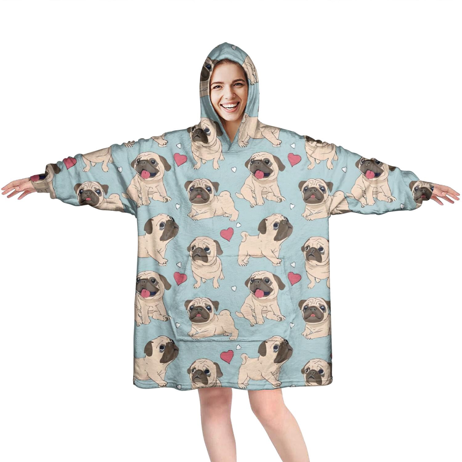 Pug and Love Heart Wearable Oversized Blanket,Wearable Blanket Hoodie for Adults,Cozy Hooded Blankets with Super Pockets,Super Warm Fuzzy Pullover for Women & Men