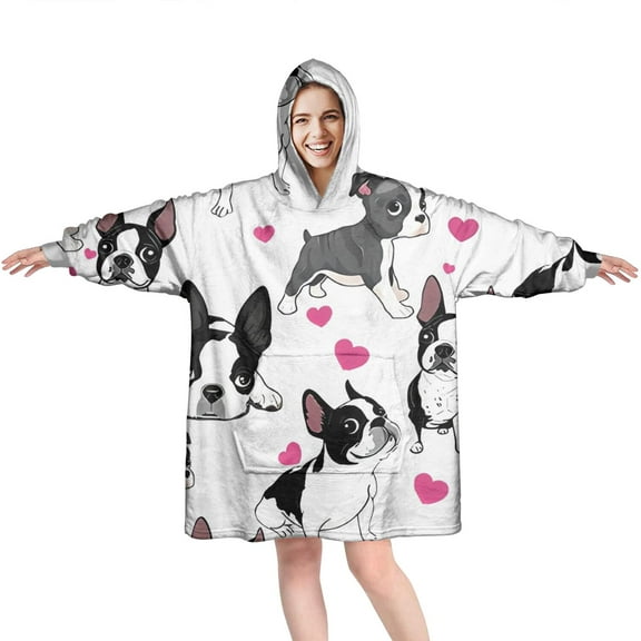 Pug and Love Heart Wearable Oversized Blanket,Wearable Blanket Hoodie for Adults,Cozy Hooded Blankets with Super Pockets,Super Warm Fuzzy Pullover for Women & Men