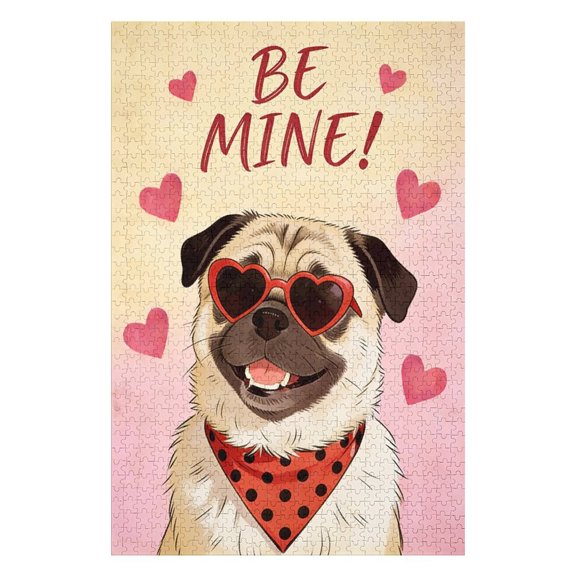 Pug Love Valentine's Day 500 Piece Jigsaw Puzzle Sweet Dog Portrait of a Pug with Sunglasses and Heart, Capturing the Breed's Wrinkled Face and Endearing Expression