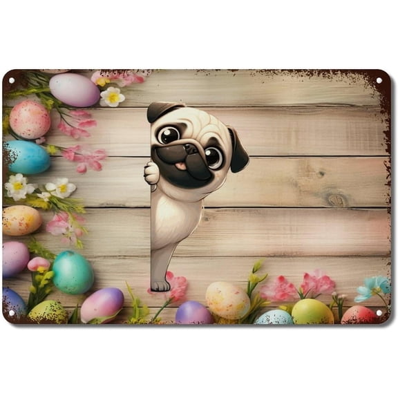 Pug Metal Tin Sign 12x8 in Peeking Dog Porch Decor Retro Wall Art Plaque for Living Room Kitchen Front Porch