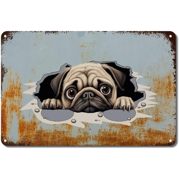 Pug Metal Tin Sign, Peeking Dog Crack Design, Vintage Wall Decoration for Man Cave, Living Room, Kitchen, Front Porch, 12 x 8 in