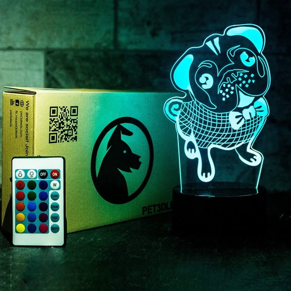 Pug Nightlight with Remote Control. 3D Illusion Decorative Dog Nightlight. Perfect Birthday, and Valentine Gift. Room, and Office Decoration.