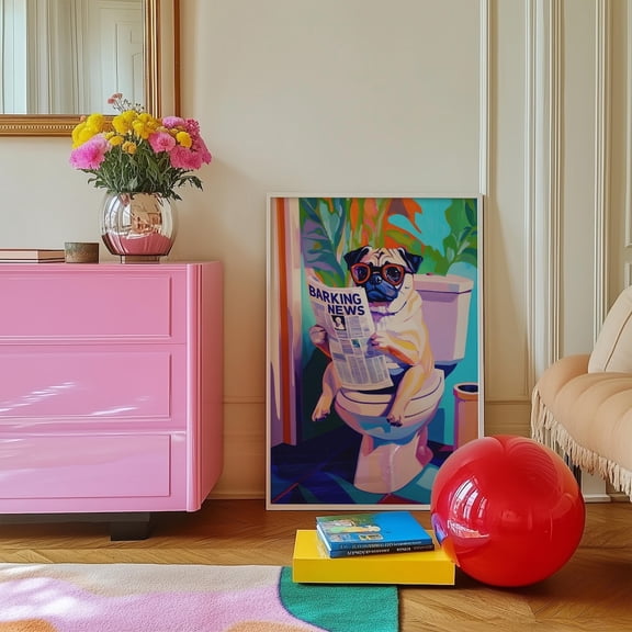 Pug On Maximalist Bathroom Poster Unframed Paper Print