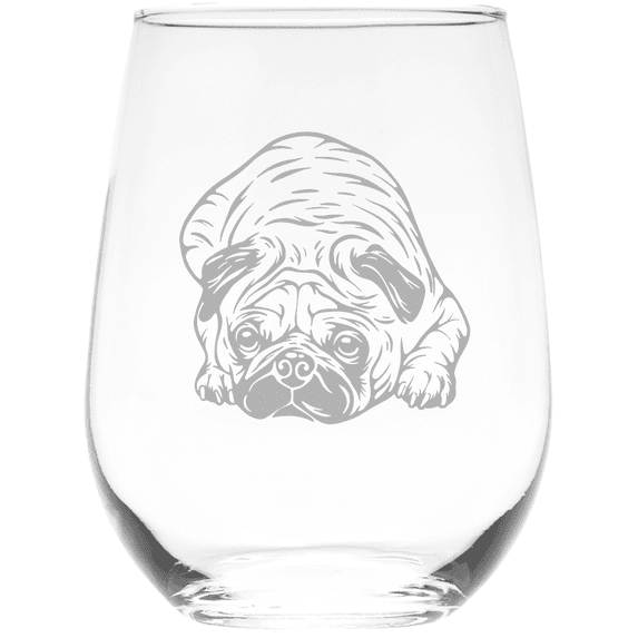 C&M Personal Gifts 17 oz Pug Themed, Dog Stemless Wine Glass (Style P2)