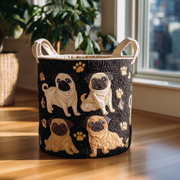 Pug Paradise Quilted Laundry Basket, Pug Lover Laundry Hamper, Cute Dog Room Storage Basket