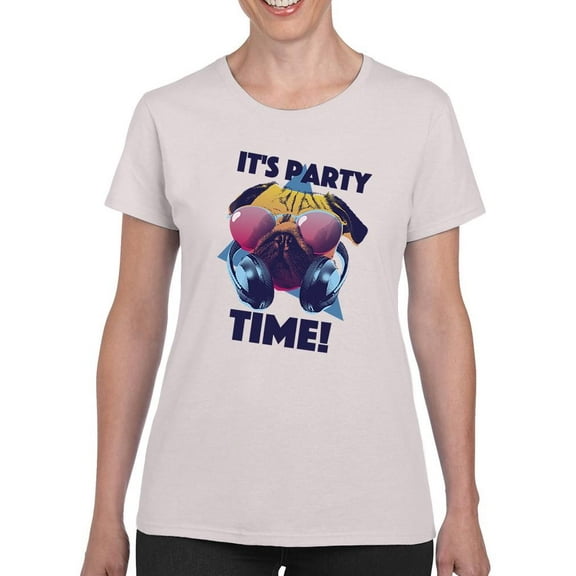 Pug Party Time T-Shirt Women -Smartprints Designs, Female Medium