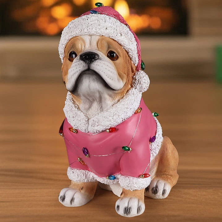 Pug Pink Santa Outfit Christmas Dog Statue with Santa Hat Bulb Accents Holiday Tabletop Decor