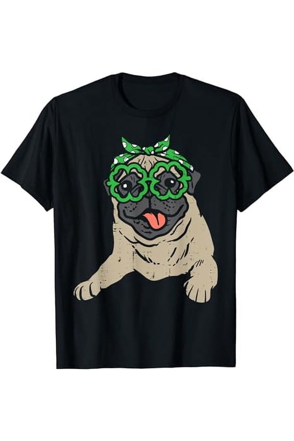 Pug Polka Headband Shamrock Glasses St Patricks Day Dog Gift T-Shirt